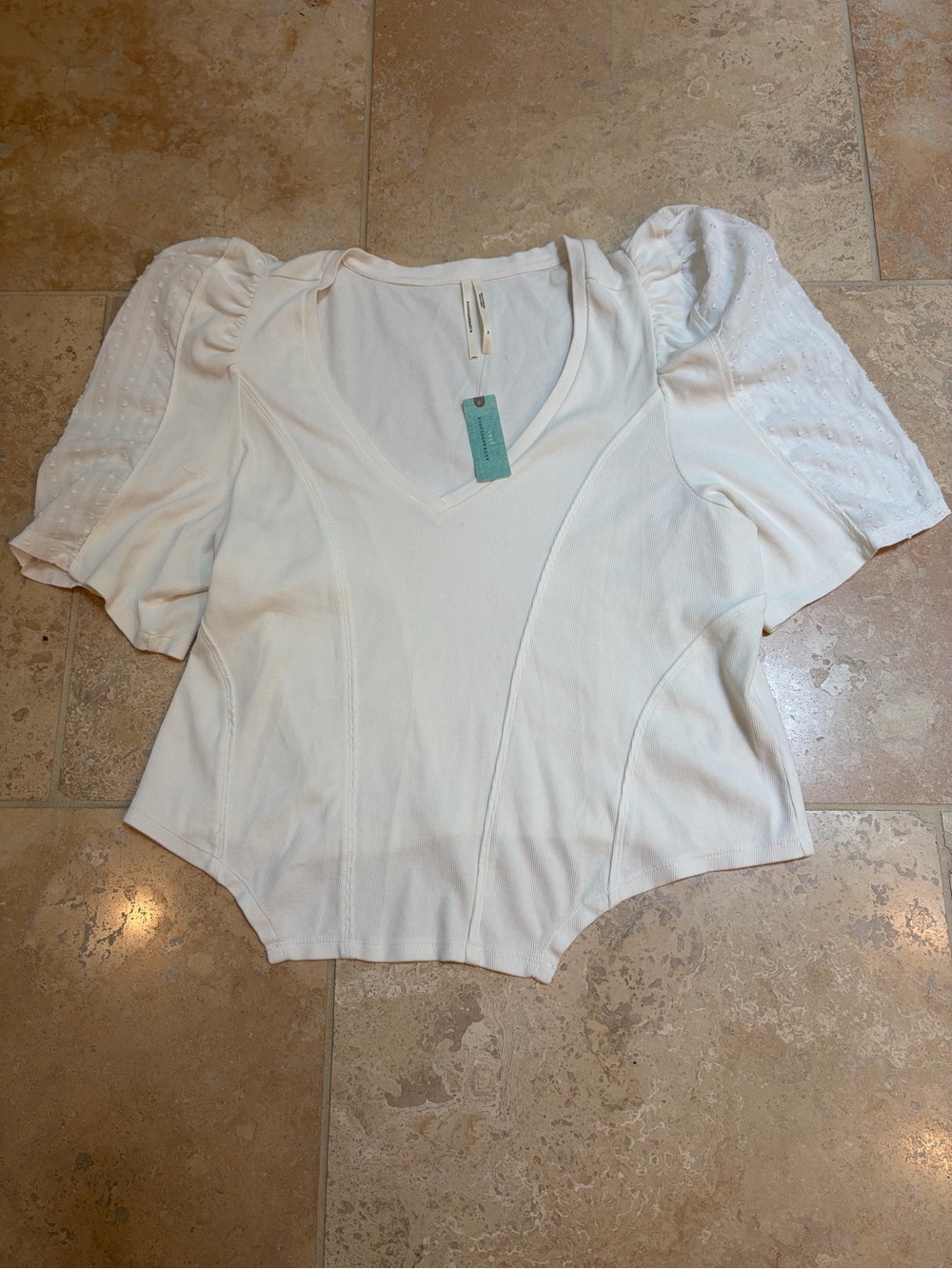 Anthropologie Women's White Puff Sleeve V-Neck Top